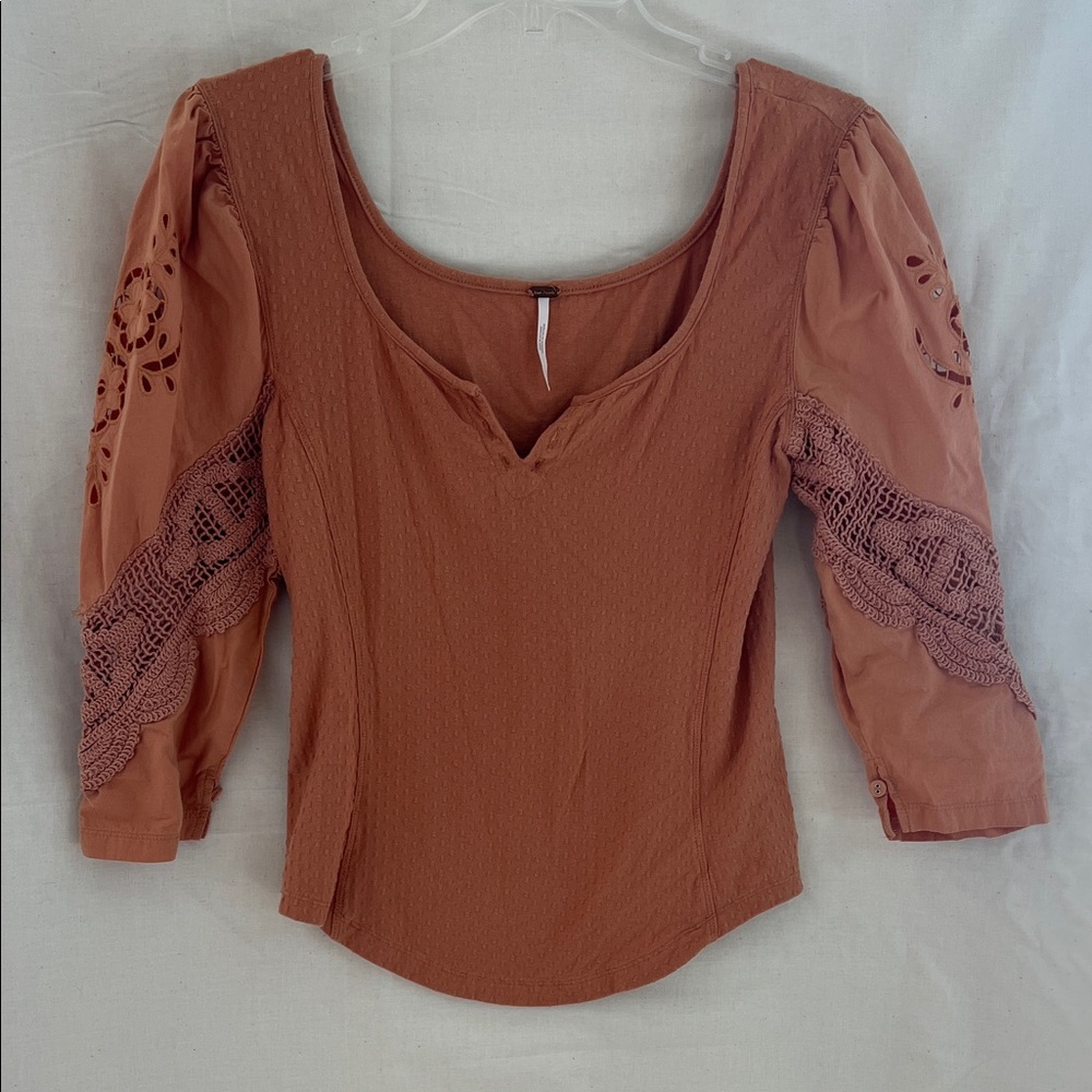 Free People Terracotta Blouse with Lace Accents
